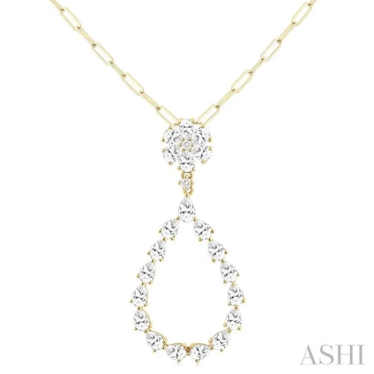 1 7/8 ctw Floral Open Window Pear and Round Cut Diamond Dangle Fashion Pendant With Chain in 14K Yellow Gold