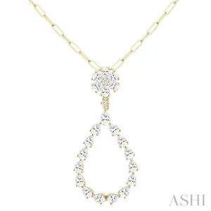 1 7/8 ctw Floral Open Window Pear and Round Cut Diamond Dangle Fashion Pendant With Chain in 14K Yellow Gold