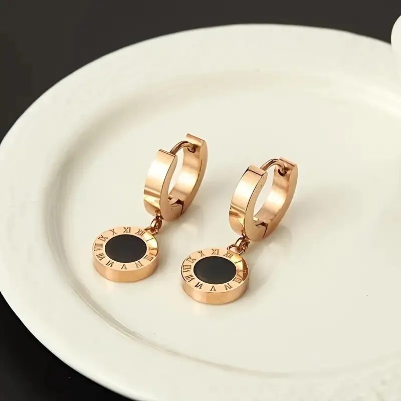 1 Pair of Hypoallergenic Stainless Steel Gold-Plated Roman Numerals Earrings