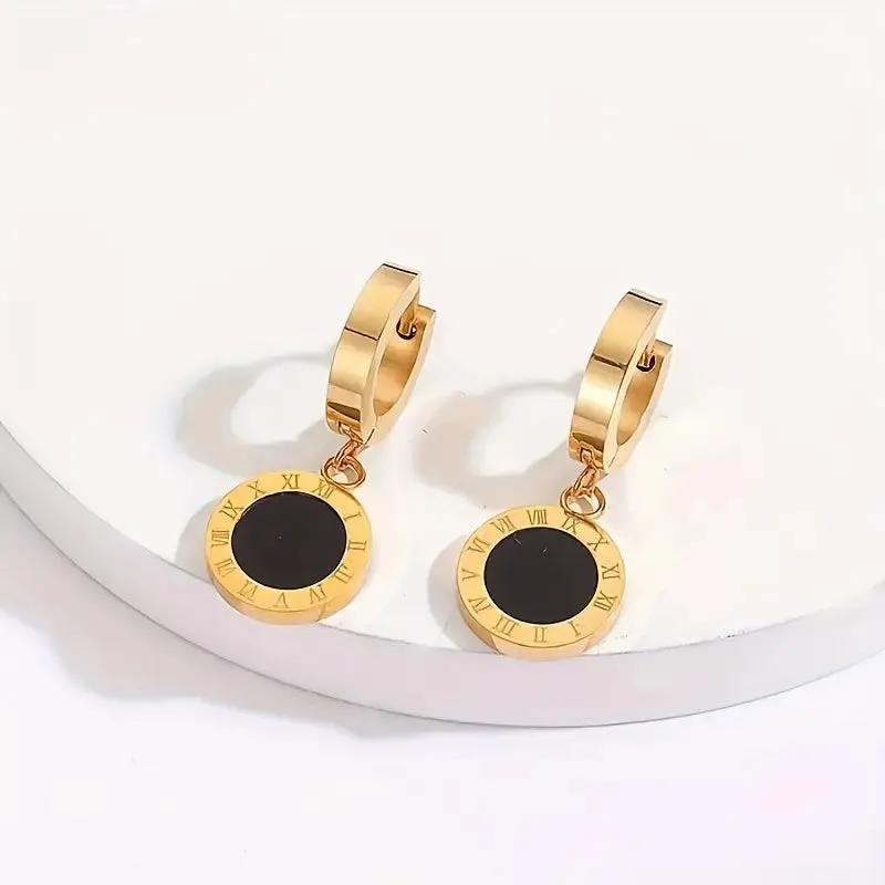 1 Pair of Hypoallergenic Stainless Steel Gold-Plated Roman Numerals Earrings
