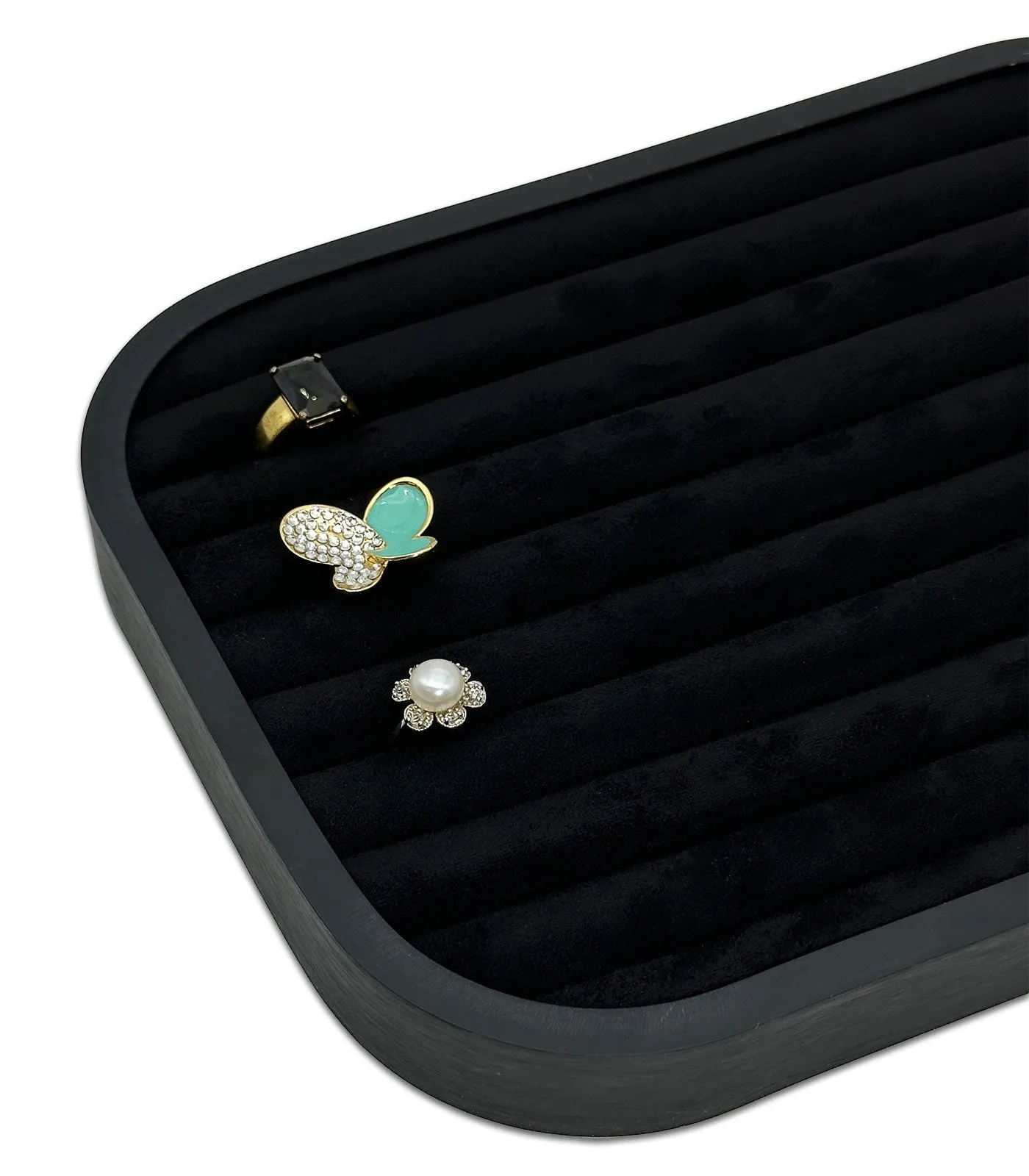 10 5/8" x 7 5/8" Black Brushed Aluminum Black Velvet 9 Row Ring Display Tray