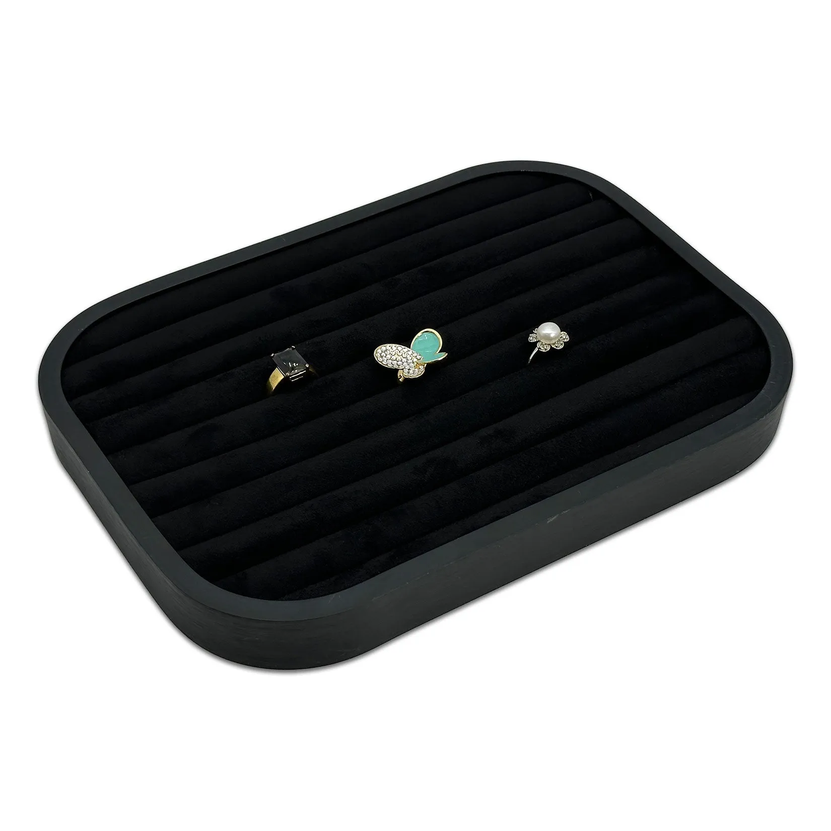 10 5/8" x 7 5/8" Black Brushed Aluminum Black Velvet 9 Row Ring Display Tray