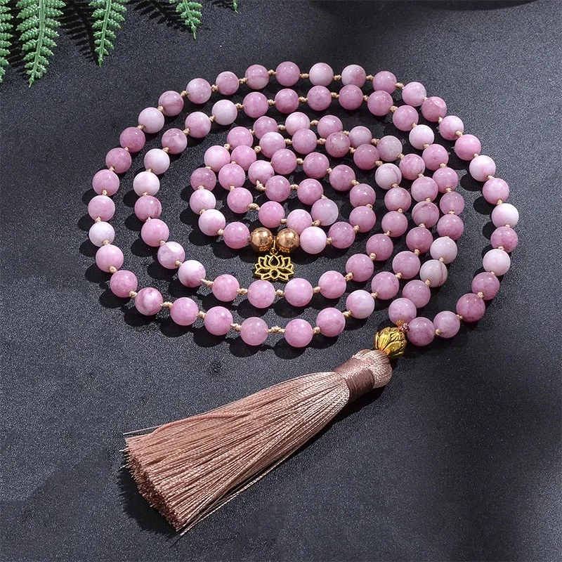 108 8mm Kunzite Beaded Knotted Japamala Necklace Meditation Yoga Spirit Jewelry Bracelet Set