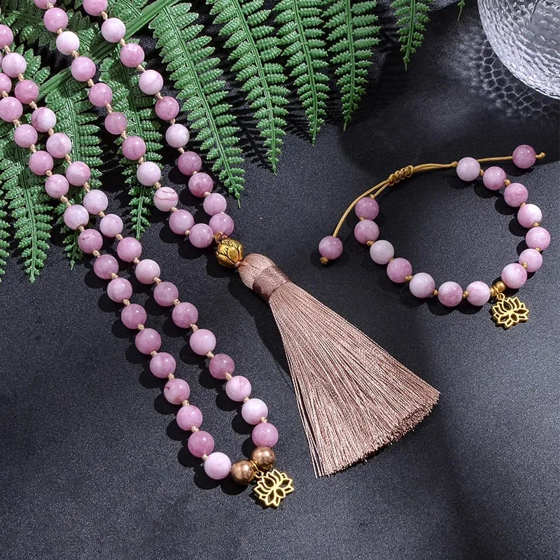108 8mm Kunzite Beaded Knotted Japamala Necklace Meditation Yoga Spirit Jewelry Bracelet Set