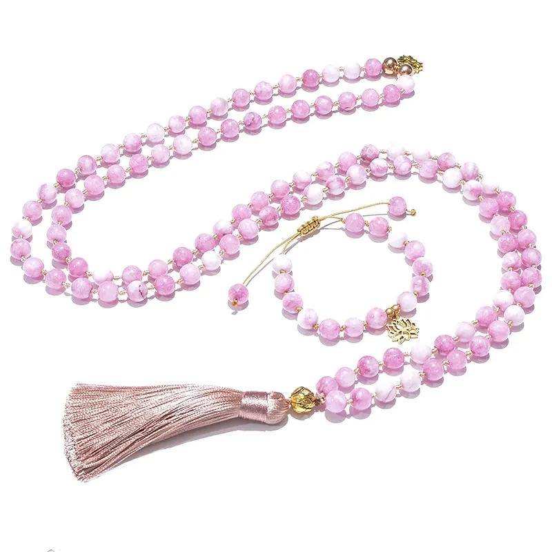 108 8mm Kunzite Beaded Knotted Japamala Necklace Meditation Yoga Spirit Jewelry Bracelet Set