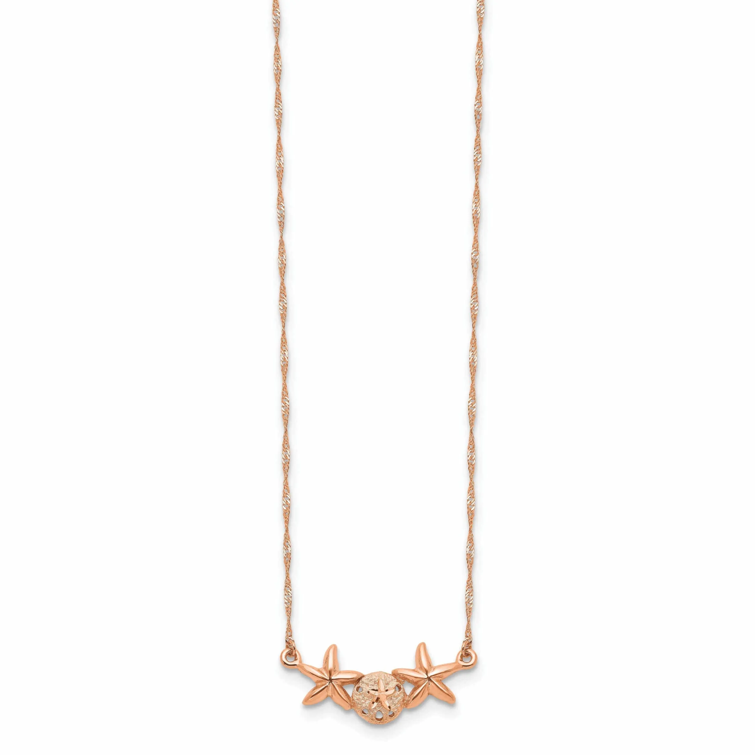 14K Rose Gold Brushed, Polished Finish Sand Dollar, Starfish Pendant Design in a 17-inch Cable Chain Necklace Set