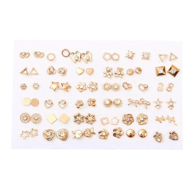 18/36pairs Fashion Mix Style Gold Color Rhinestone Crystal Flower Stud Earings Set For Women Girls Jewelry Brincos Oorbellen
