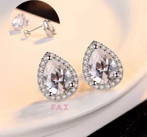 18K White Gold Plated CZ Imitation Diamond Dainty Minimalist Pear shaped Stud Earrings Bridal Collection Hypoallergenic