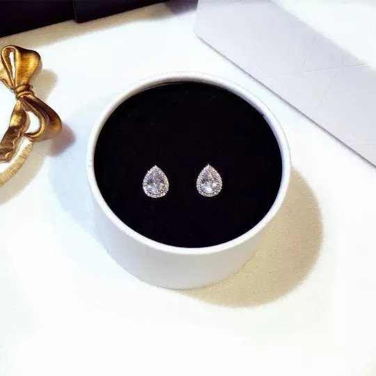 18K White Gold Plated CZ Imitation Diamond Dainty Minimalist Pear shaped Stud Earrings Bridal Collection Hypoallergenic