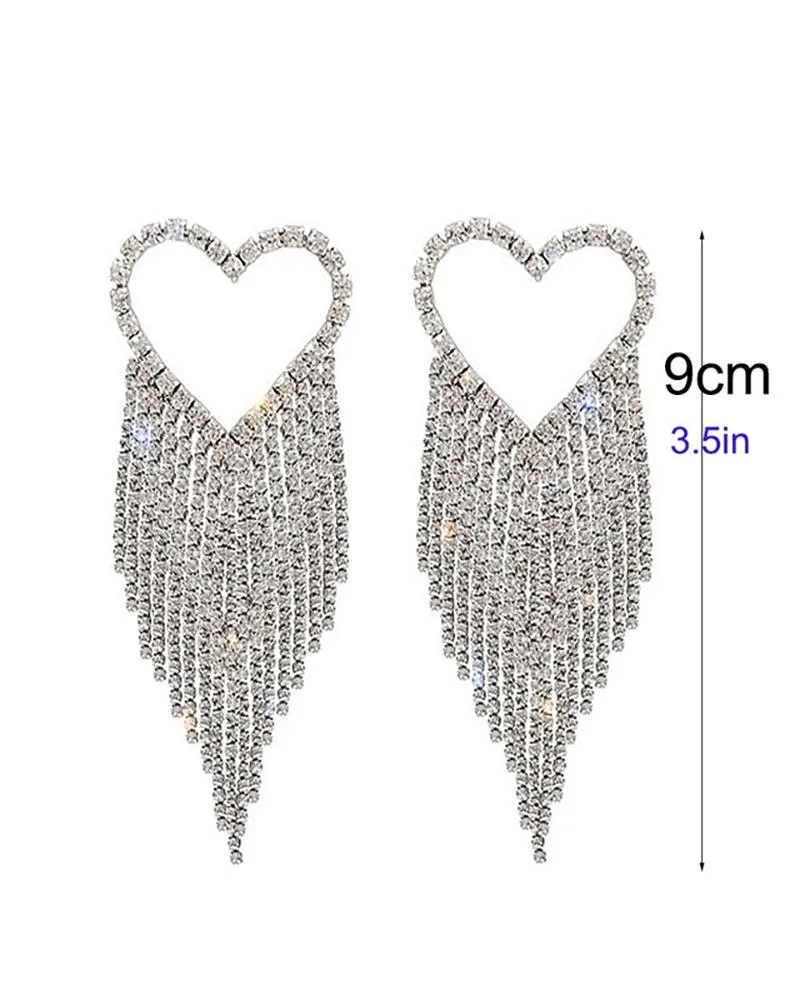 1Pair Heart Shaped Tassel Design Rhinestone Earrings