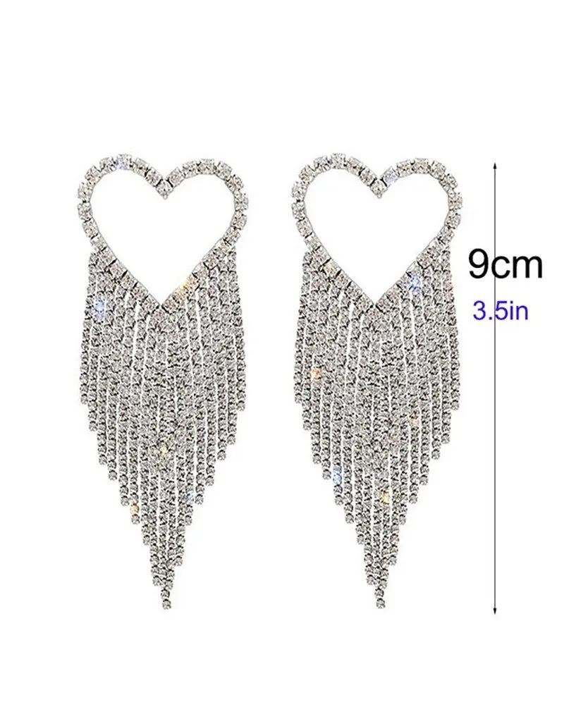 1Pair Heart Shaped Tassel Design Rhinestone Earrings