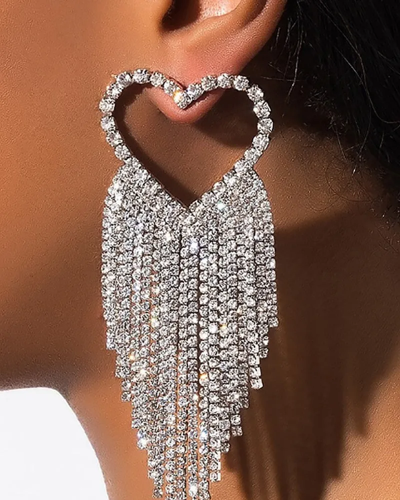 1Pair Heart Shaped Tassel Design Rhinestone Earrings