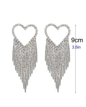 1Pair Heart Shaped Tassel Design Rhinestone Earrings