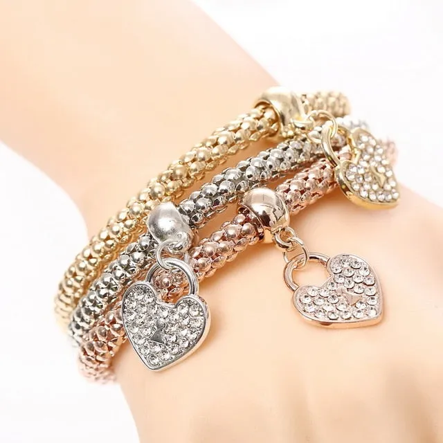 3 Pcs/Set Crystal Owl Heart Charm Bracelets