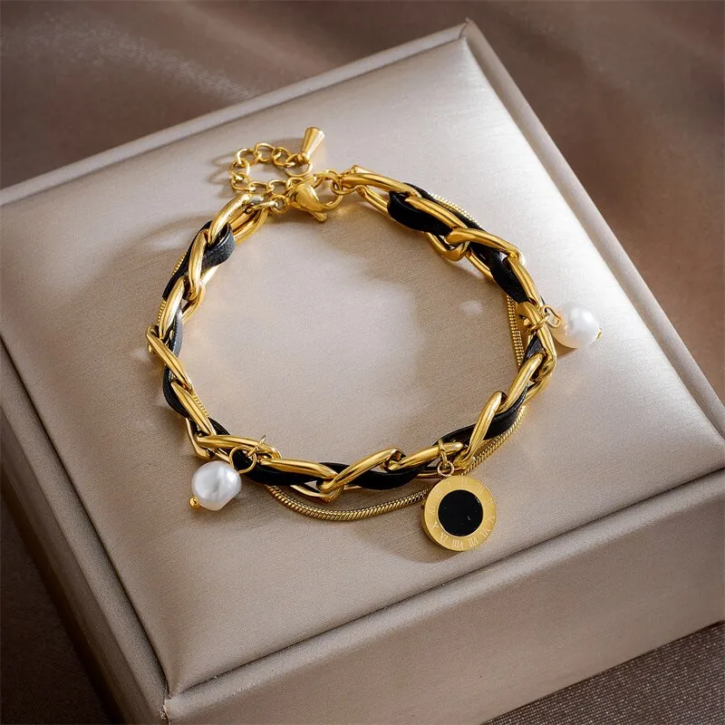 316L Stainless Steel 2 Layer Pearl Star Roman Numerals Charm Bracelet For Women