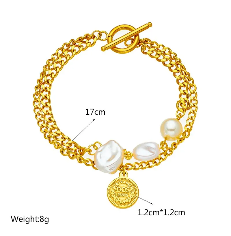 316L Stainless Steel 2 Layer Pearl Star Roman Numerals Charm Bracelet For Women