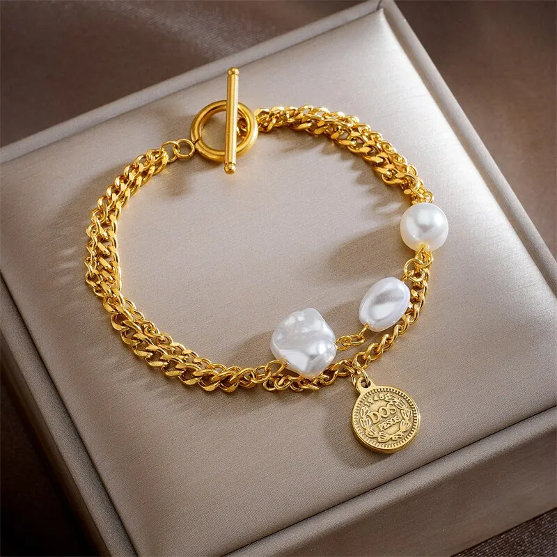 316L Stainless Steel 2 Layer Pearl Star Roman Numerals Charm Bracelet For Women