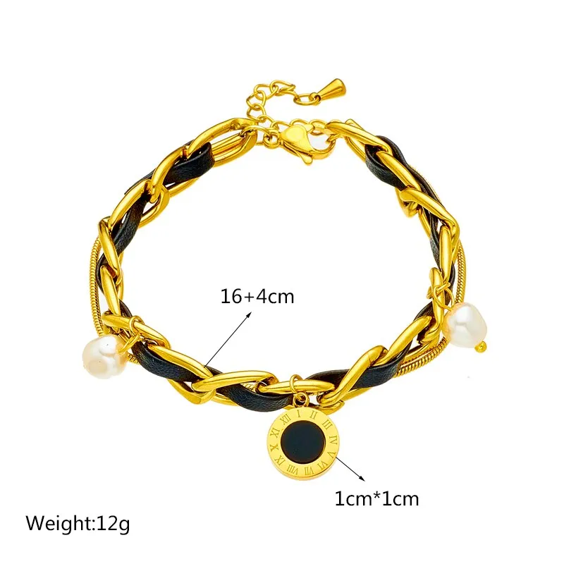 316L Stainless Steel 2 Layer Pearl Star Roman Numerals Charm Bracelet For Women