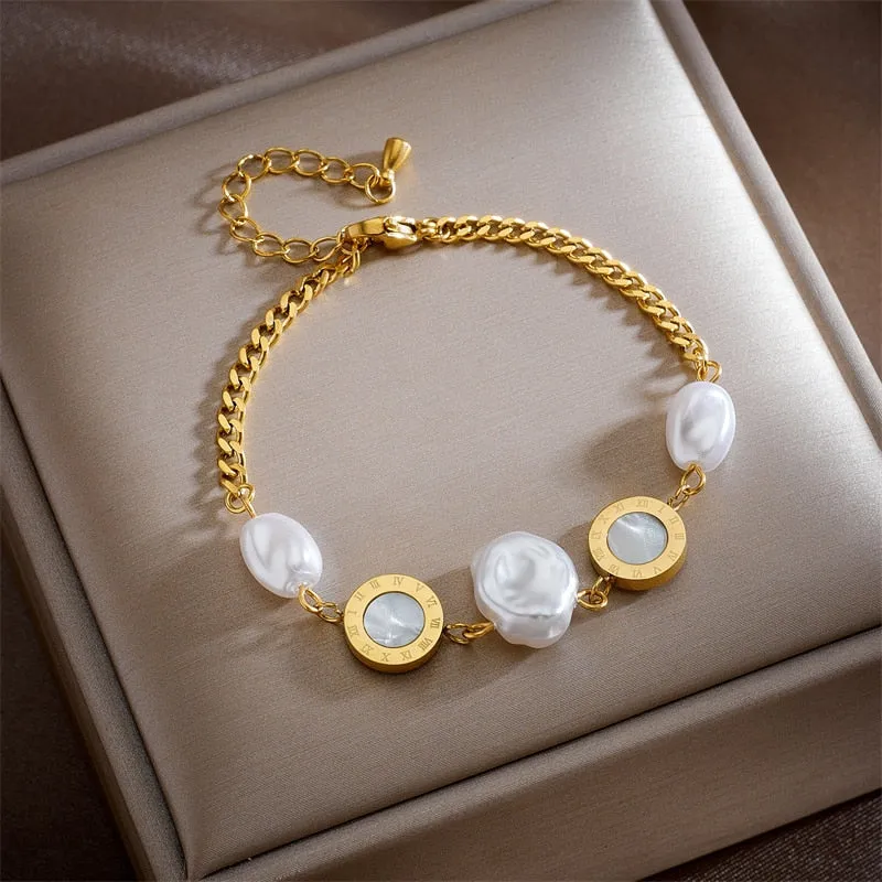316L Stainless Steel 2 Layer Pearl Star Roman Numerals Charm Bracelet For Women