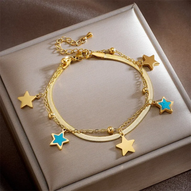 316L Stainless Steel 2 Layer Pearl Star Roman Numerals Charm Bracelet For Women
