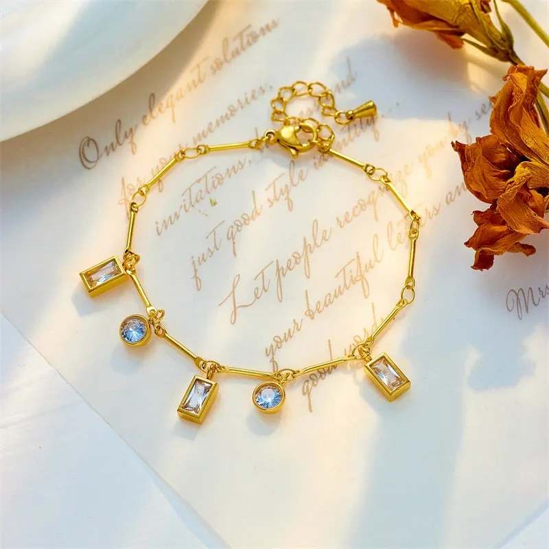 316L Stainless Steel Geometric Square Round White Zircon Charm Bracelet For Women