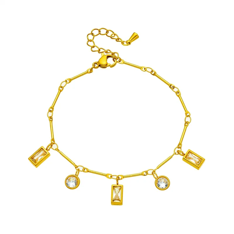 316L Stainless Steel Geometric Square Round White Zircon Charm Bracelet For Women