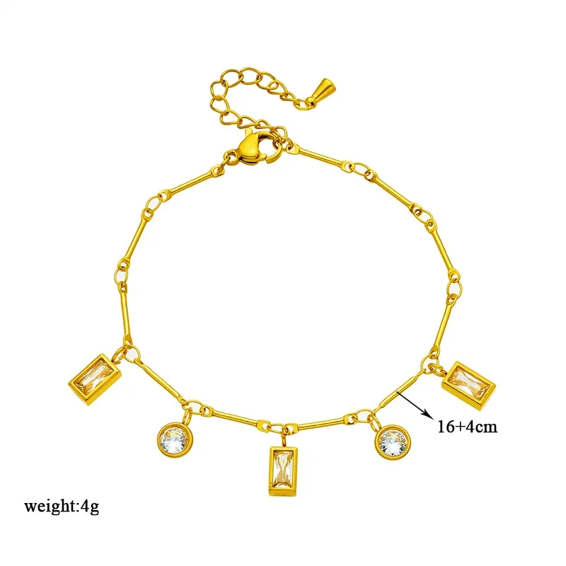 316L Stainless Steel Geometric Square Round White Zircon Charm Bracelet For Women