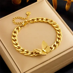 316L Stainless Steel Gold Color Big Butterfly Charm Bracelet For Women