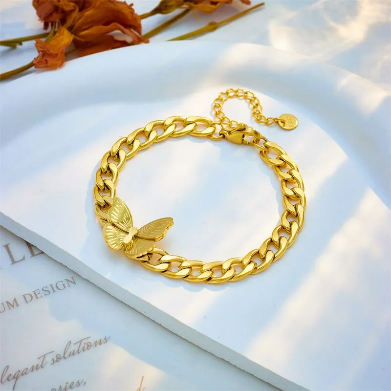 316L Stainless Steel Gold Color Big Butterfly Charm Bracelet For Women