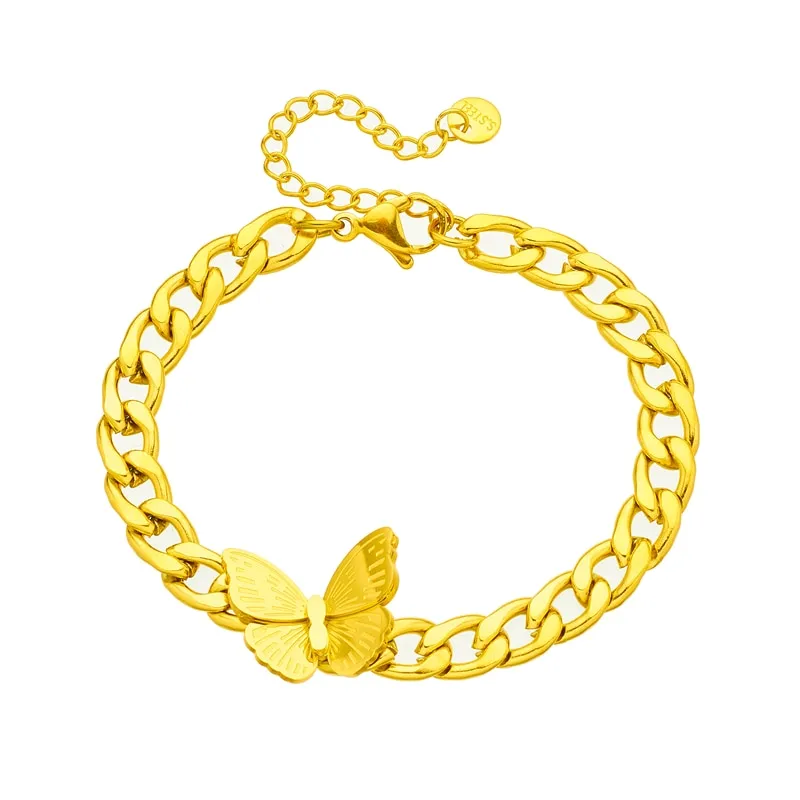 316L Stainless Steel Gold Color Big Butterfly Charm Bracelet For Women