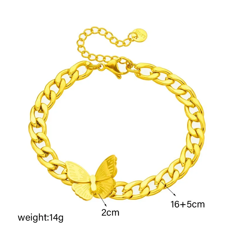 316L Stainless Steel Gold Color Big Butterfly Charm Bracelet For Women