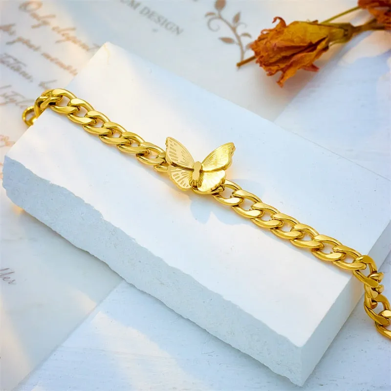 316L Stainless Steel Gold Color Big Butterfly Charm Bracelet For Women