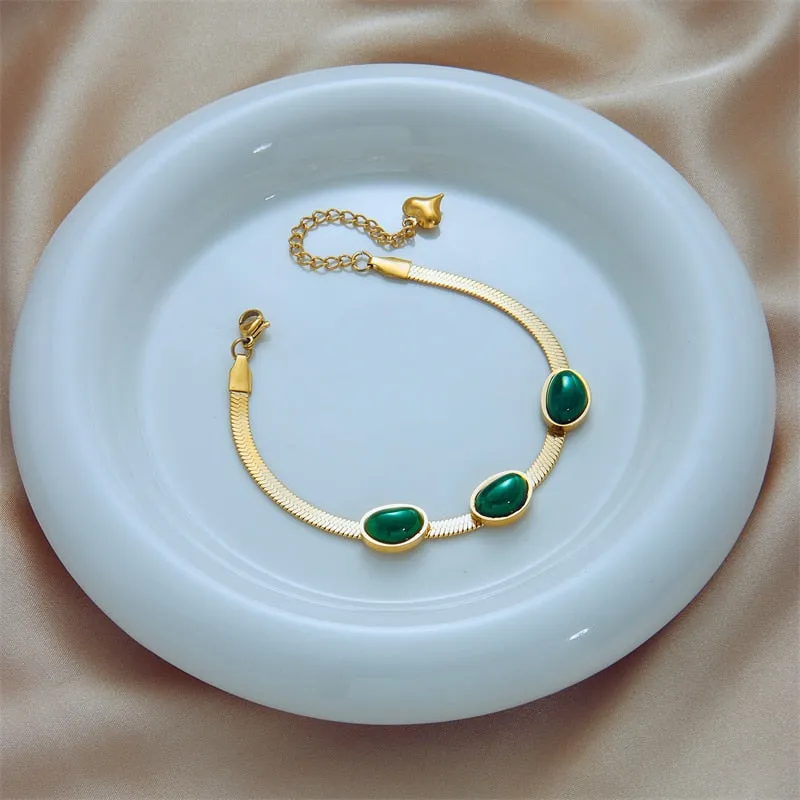 316L Stainless Steel Luxury Green Stone Chain Bracelet for Women