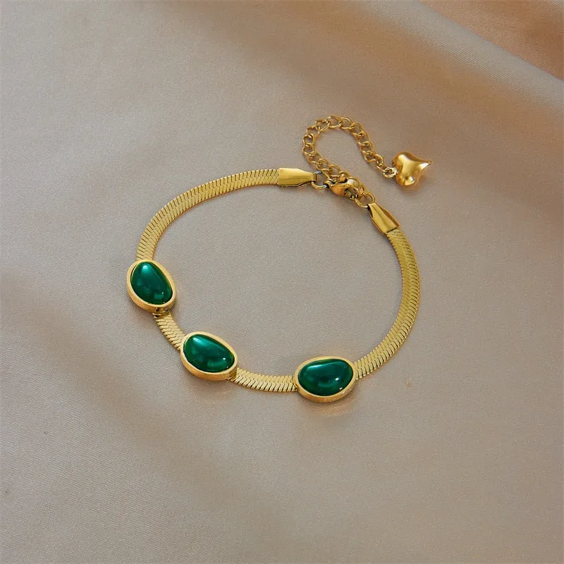 316L Stainless Steel Luxury Green Stone Chain Bracelet for Women