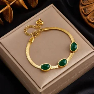 316L Stainless Steel Luxury Green Stone Chain Bracelet for Women