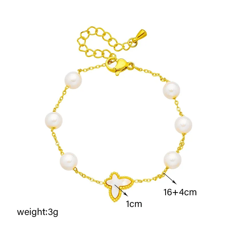 316L Stainless Steel Pearl Butterfly Charm Bracelet For Women
