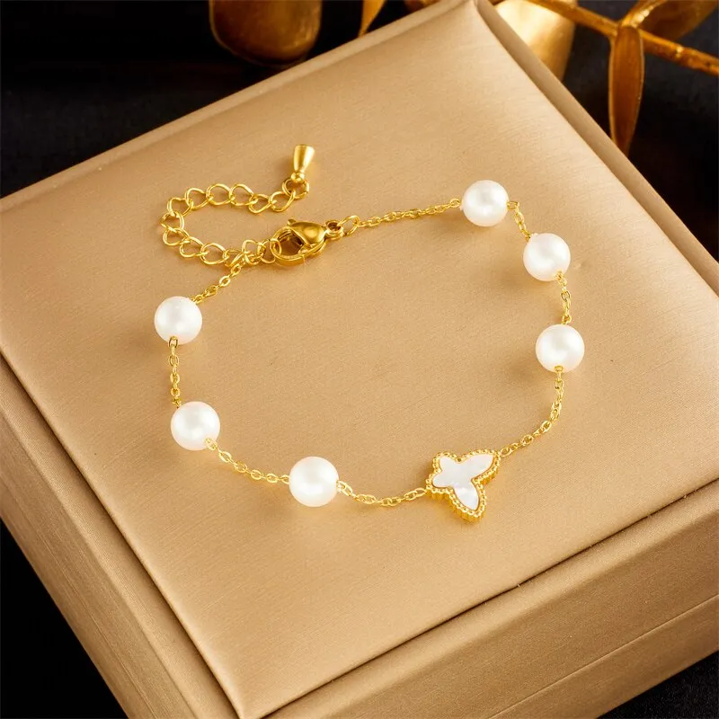 316L Stainless Steel Pearl Butterfly Charm Bracelet For Women
