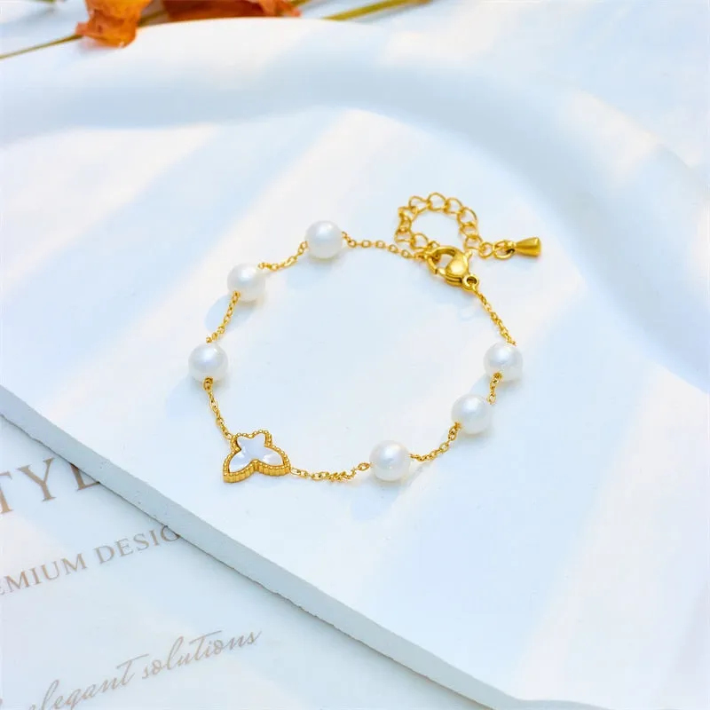 316L Stainless Steel Pearl Butterfly Charm Bracelet For Women