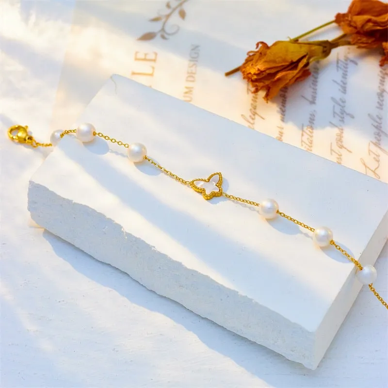 316L Stainless Steel Pearl Butterfly Charm Bracelet For Women