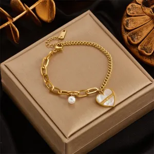 316L Stainless Steel Pearl Love Heart Charm Bracelet For Women
