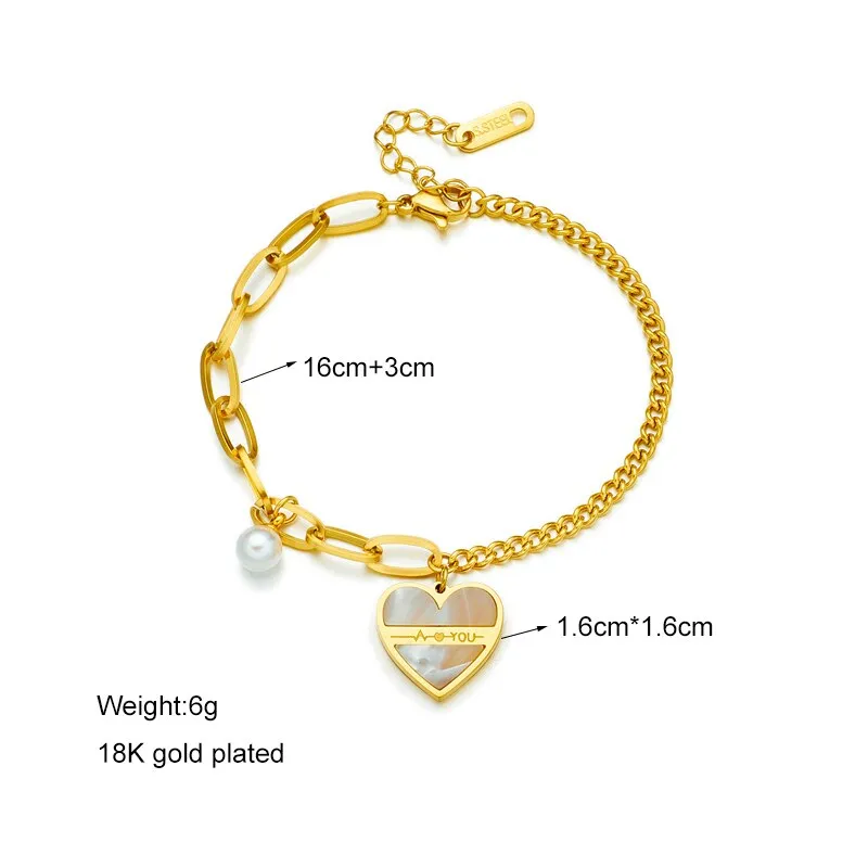 316L Stainless Steel Pearl Love Heart Charm Bracelet For Women