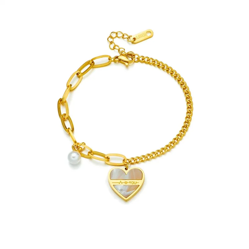 316L Stainless Steel Pearl Love Heart Charm Bracelet For Women