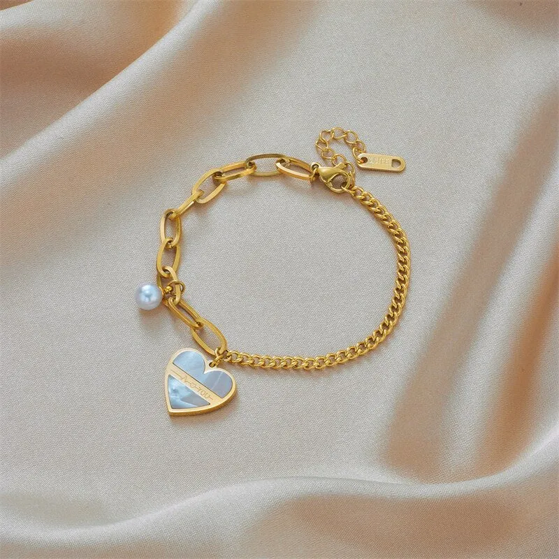 316L Stainless Steel Pearl Love Heart Charm Bracelet For Women