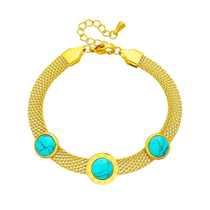 316L Stainless Steel Roman Numeral Dial Green Stone Bangle Bracelet For Women