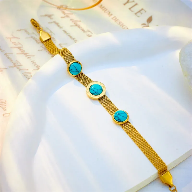 316L Stainless Steel Roman Numeral Dial Green Stone Bangle Bracelet For Women