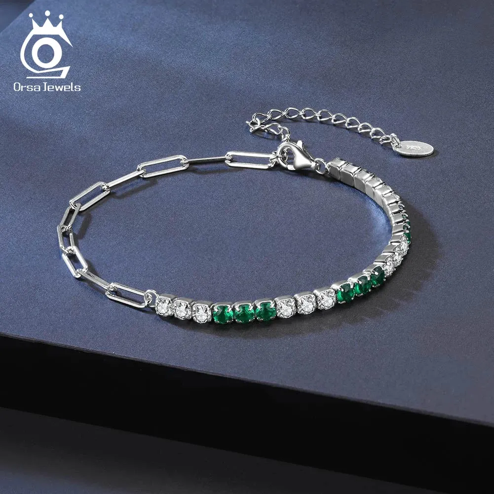 3mm Round White&Green CZ Tennis Chain with PaperClip Chain for Women