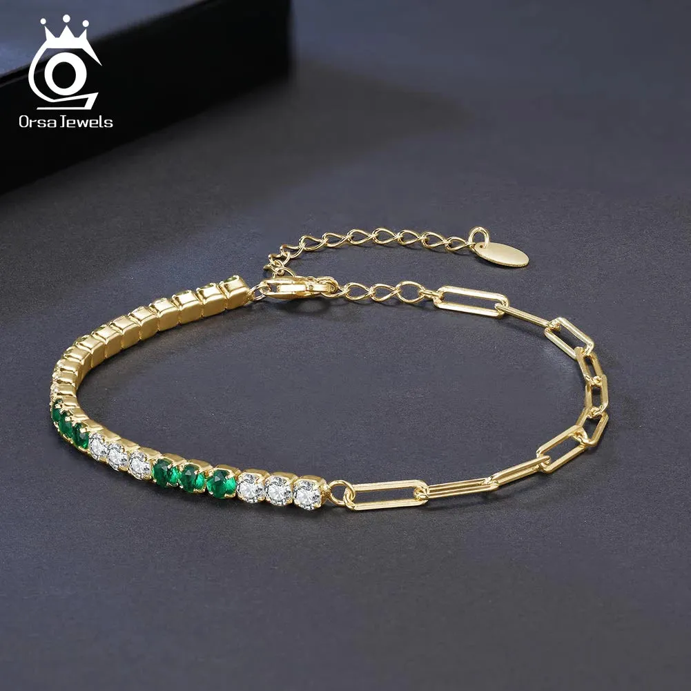 3mm Round White&Green CZ Tennis Chain with PaperClip Chain for Women