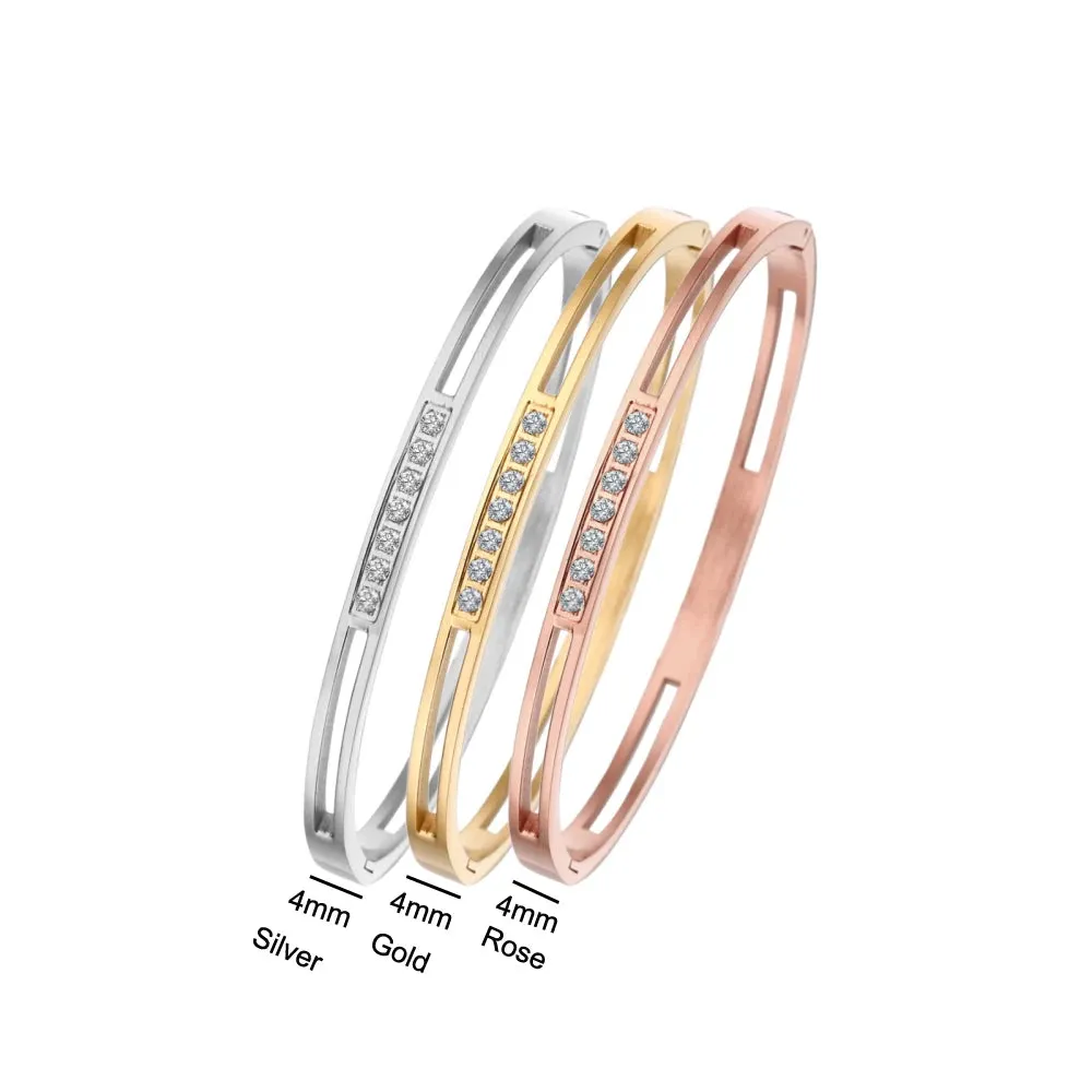 4mm/6mm/8mm Width CZ Crystal Bracelet Hollow Cuff Bangle Jewelry