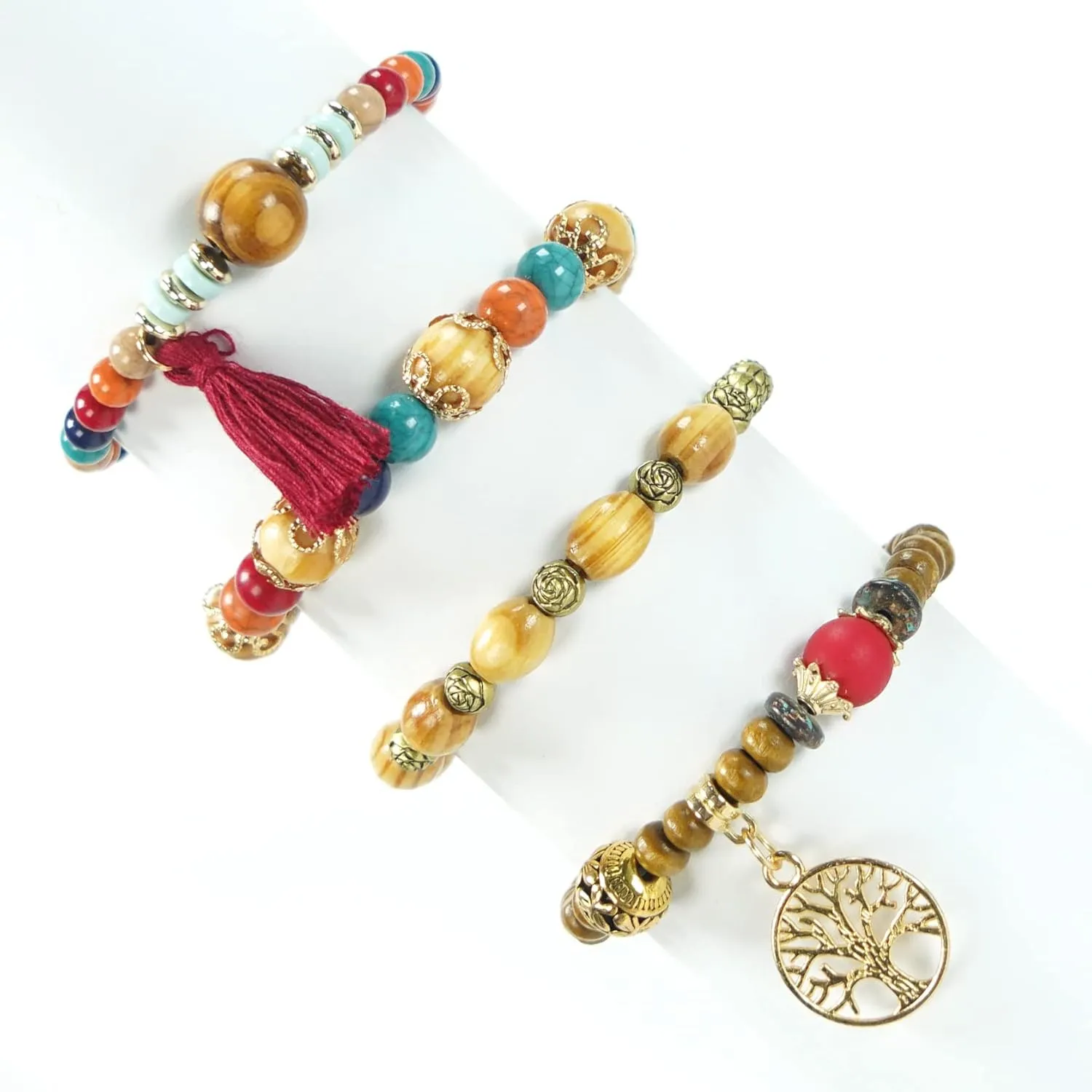 4Pcs/Set Bohemian Bracelets Multilayer Wood Beads Charm Bracelets for Women