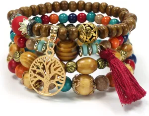4Pcs/Set Bohemian Bracelets Multilayer Wood Beads Charm Bracelets for Women